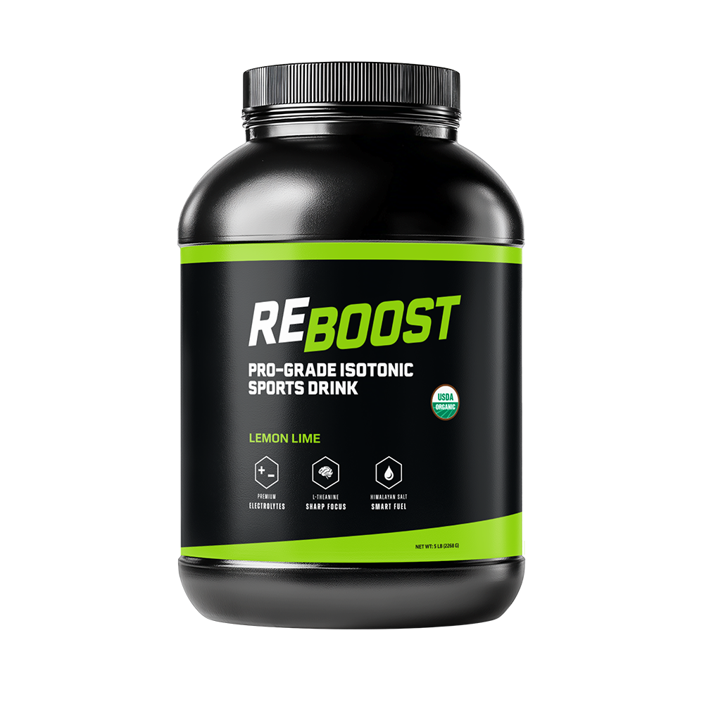 Lemon Lime (Electrolyte Powder) Black and green sports drink container labeled 'REBOOST' on a white background
